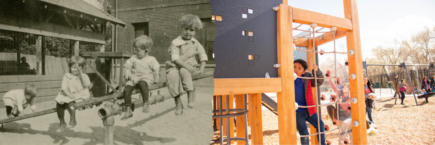 vintage photo if kids playing vs kids playing in present time